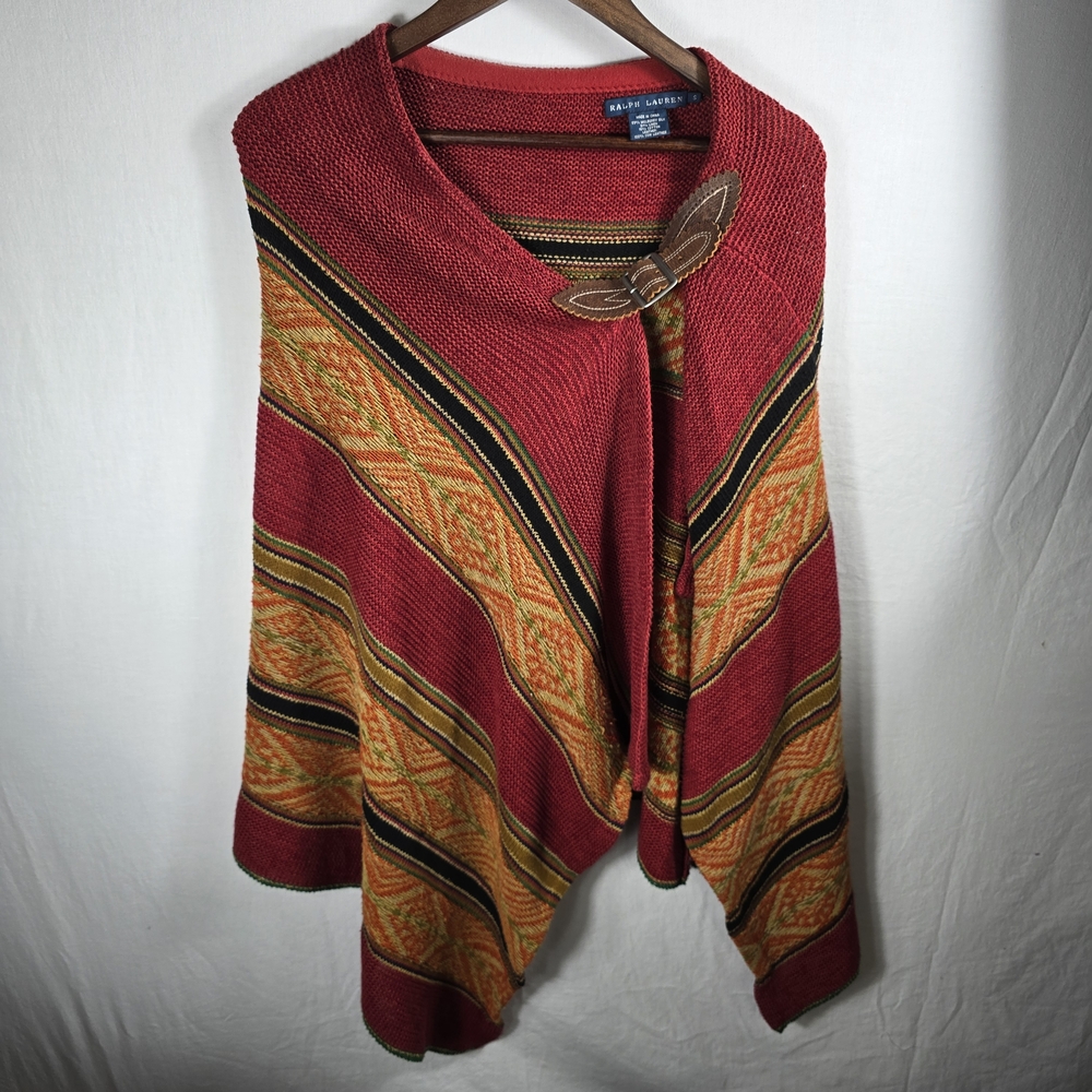 Vintage Ralph Lauren Poncho Shrug Women’s S Mulberry Silk Linen Cow Leather RARE
